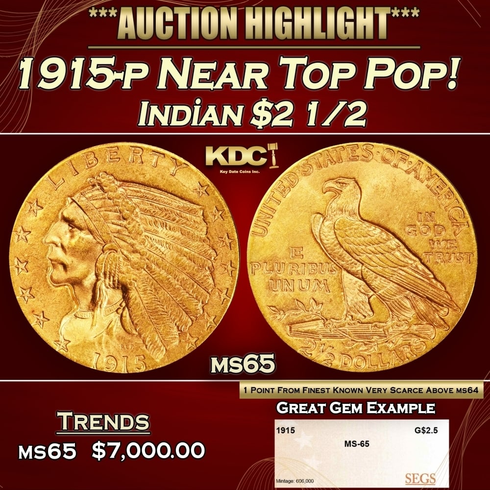 1915-p Gold Indian Quarter Eagle Near Top Pop! $2 1/2 ms65 SEGS: 1915-p Near Top Pop! Gold Indian Quarter Eagle $2 1/2 ms65 SEGS. The 1915 survives in great numbers through MS64, but like most other issues in Bela Lyon Pratt's Indian quarter eagle series, the popul