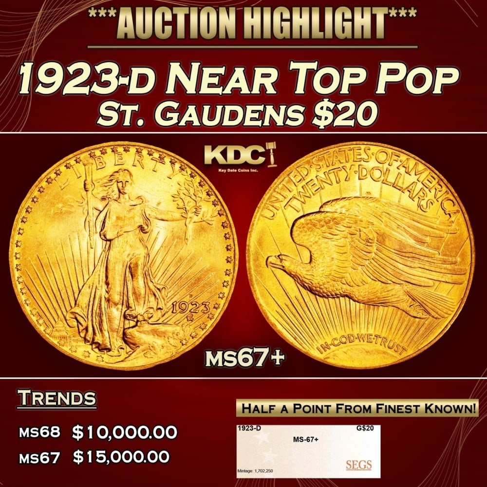 1923-d Gold St. Gaudens Double Eagle Near Top Pop $20 ms67+ SEGS (1 of 4)