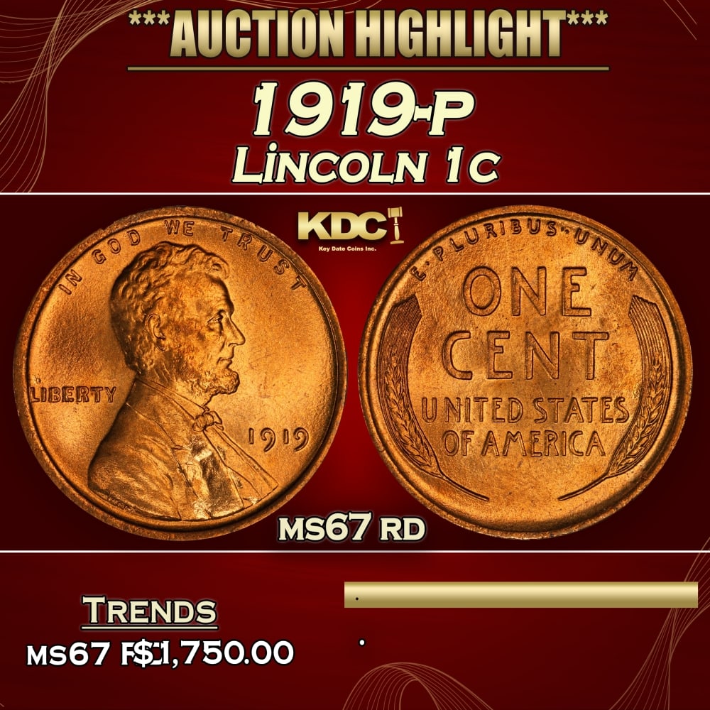 1919-p Lincoln Cent 1c ms67 rd SEGS (1 of 3)