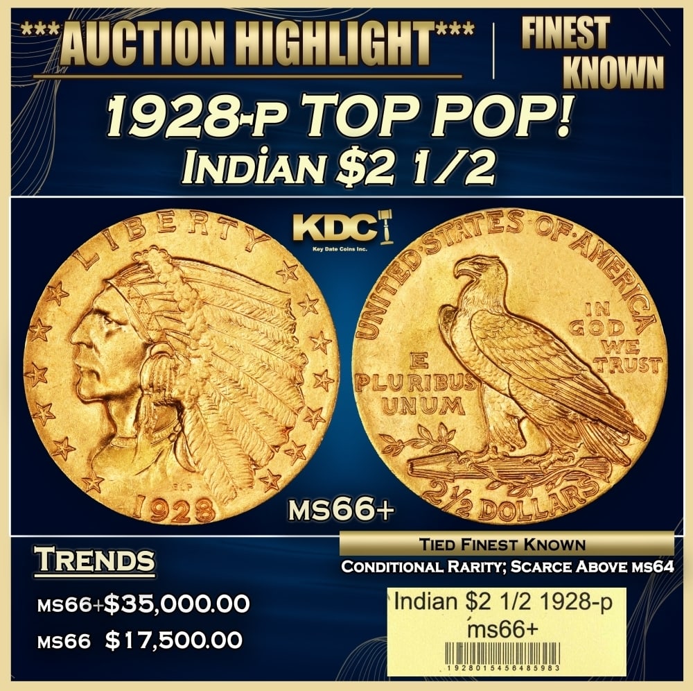 1928-p Gold Indian Quarter Eagle TOP POP! $2 1/2 ms66+ USCG (1 of 4)
