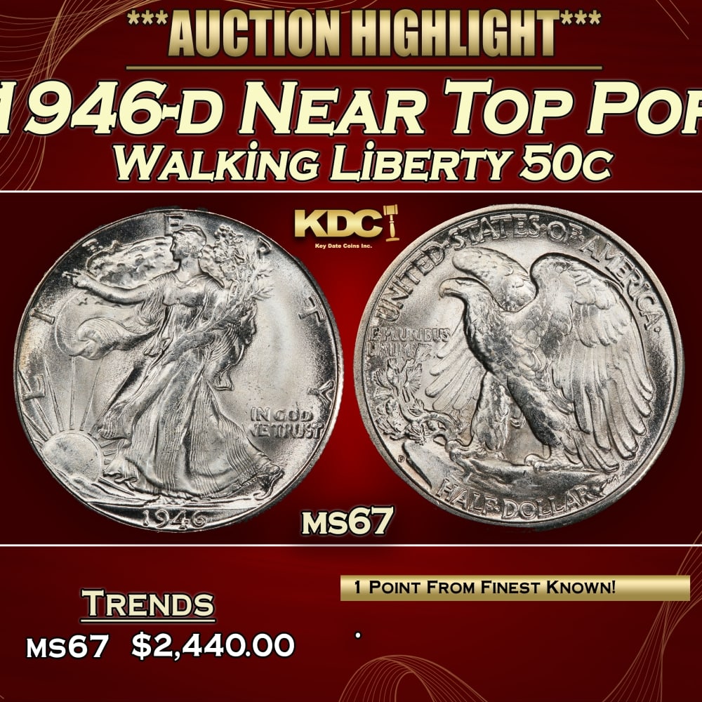 1946-d Walking Liberty Half Dollar Near Top Pop 50c ms67 SEGS (1 of 3)