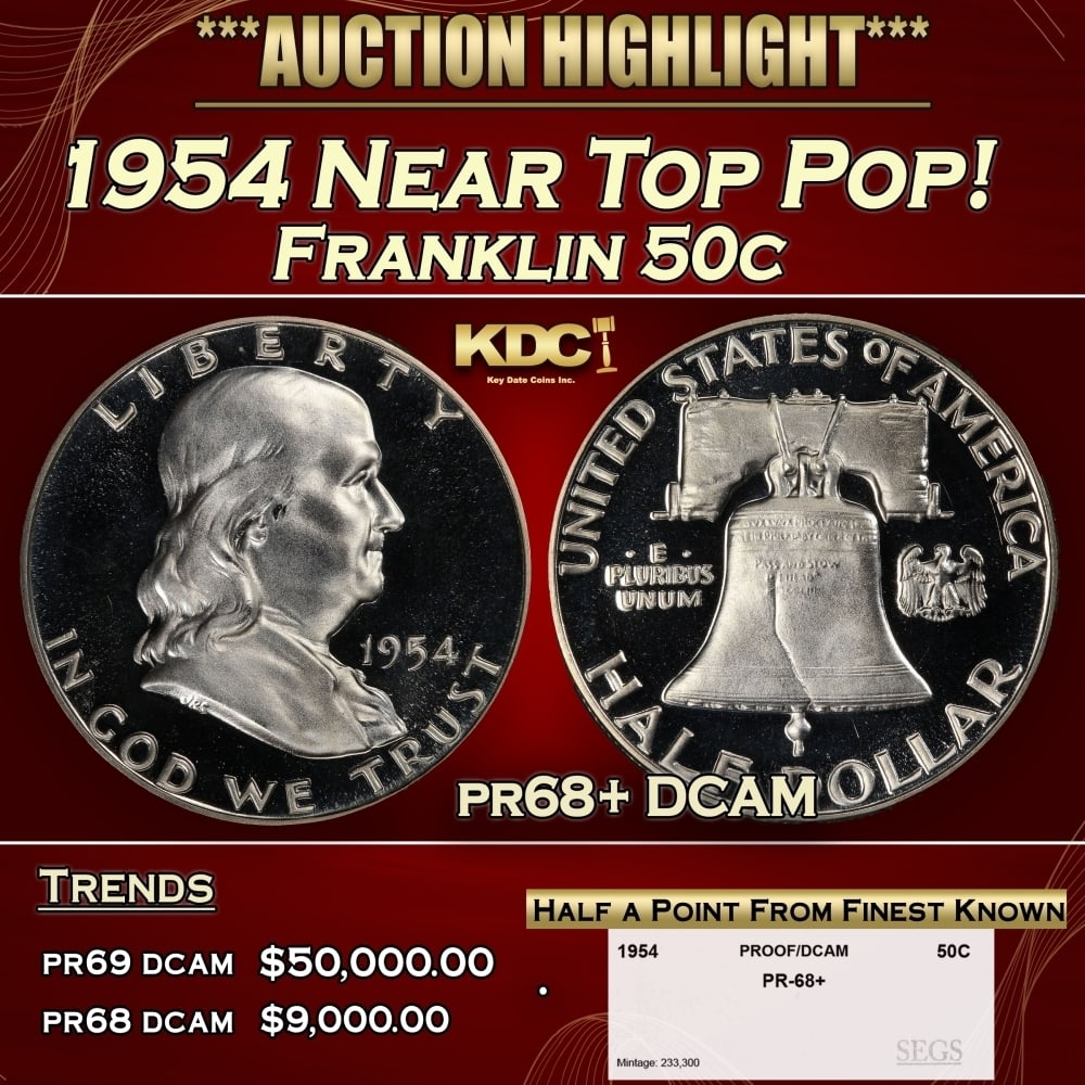 1954 Proof Franklin Half Dollar Near Top Pop! 50c pr68+ DCAM SEGS: 1954 Near Top Pop! Franklin Half Dollar 50c pr68+ DCAM SEGS. ameo contrast is strong and pronounced, the surfaces expertly preserved and approaching numismatic perfection. Although plentiful in an abs