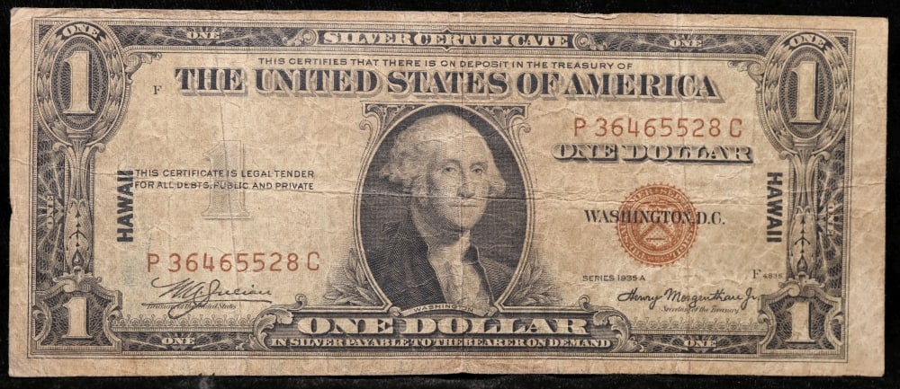 1935A $1 Silver Certificate Hawaii WWII Emergency Currency Rare PC Block Grades vf+: 1935A $1 Silver Certificate Hawaii WWII Emergency Currency Rare PC Block Grades vf+. FR-2300 The $1 Hawaii Note Came in 7 Blocks the SC Block Which is the most common, The LC, PC, CC, and YB Blocks ar