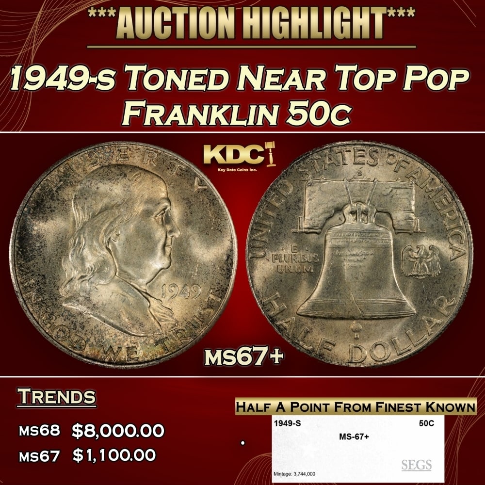 1949-s Franklin Half Dollar Toned Near Top Pop 50c ms67+ SEGS: 1949-s Toned Near Top Pop Franklin Half Dollar 50c ms67+ SEGS. 0