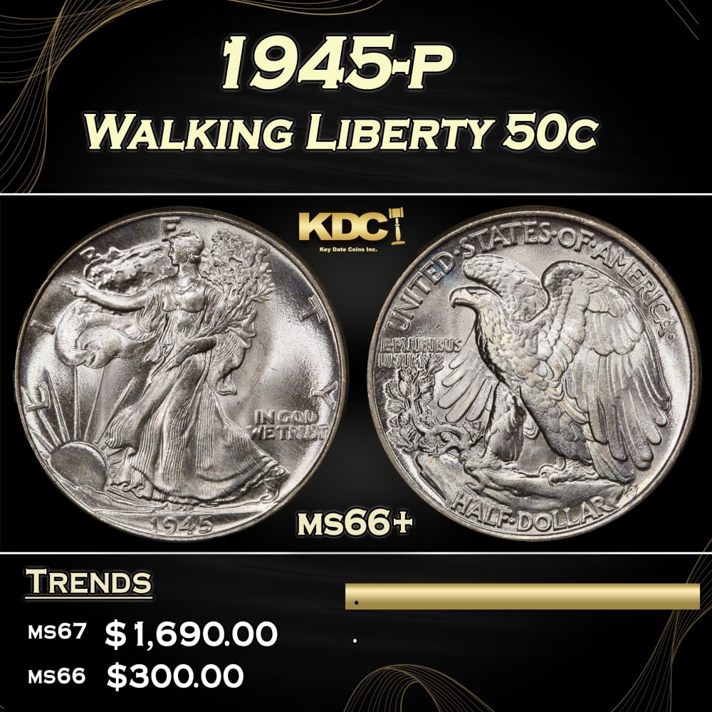 1945-p Walking Liberty Half Dollar 50c ms66+ SEGS: 1945-p Walking Liberty Half Dollar 50c ms66+ SEGS. A Key Date's Pick, Bid to Win Coin