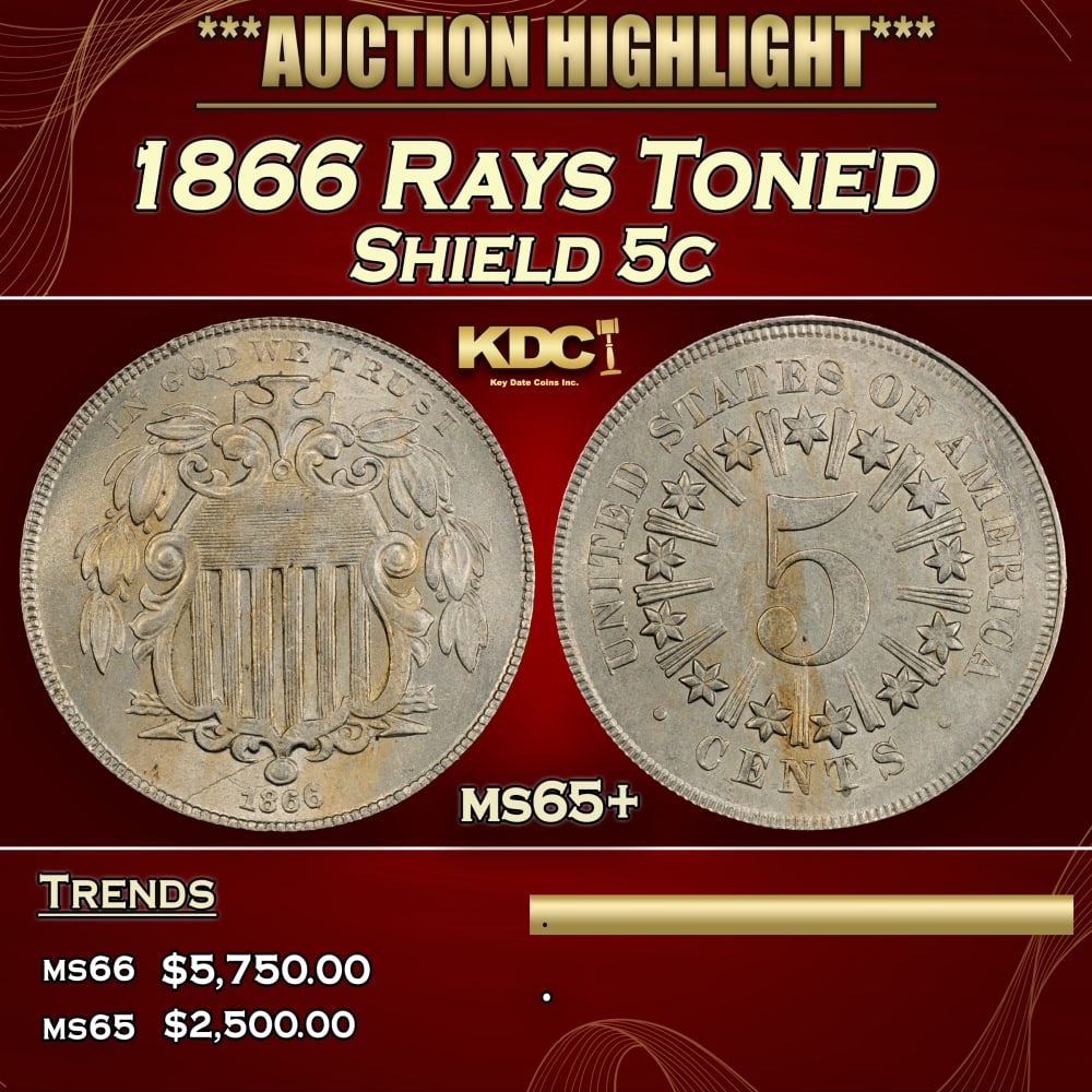 1866 Rays Shield Nickel Toned 5c ms65+ SEGS (1 of 3)