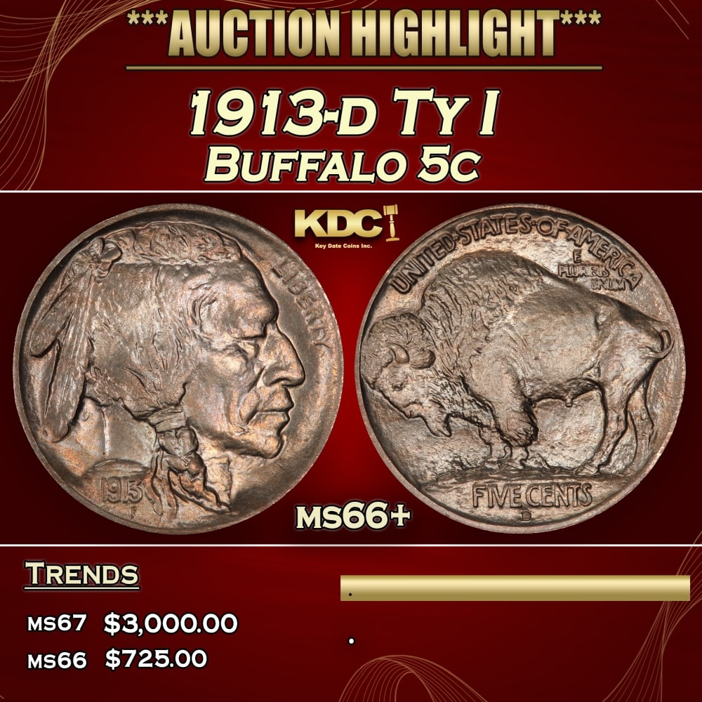 1913-d Ty I Buffalo Nickel 5c ms66+ SEGS (1 of 3)