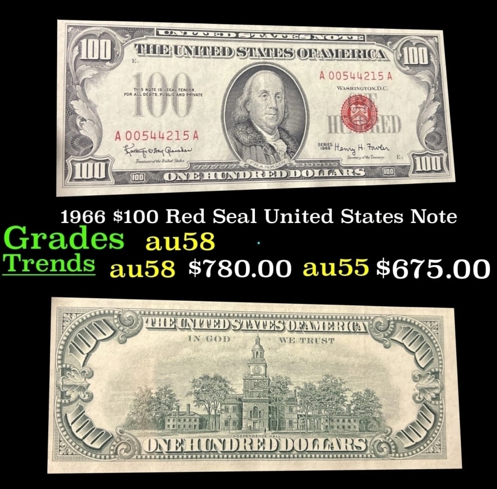 1966 $100 Red Seal United States Note Grades Choice AU/BU Slider (1 of 3)