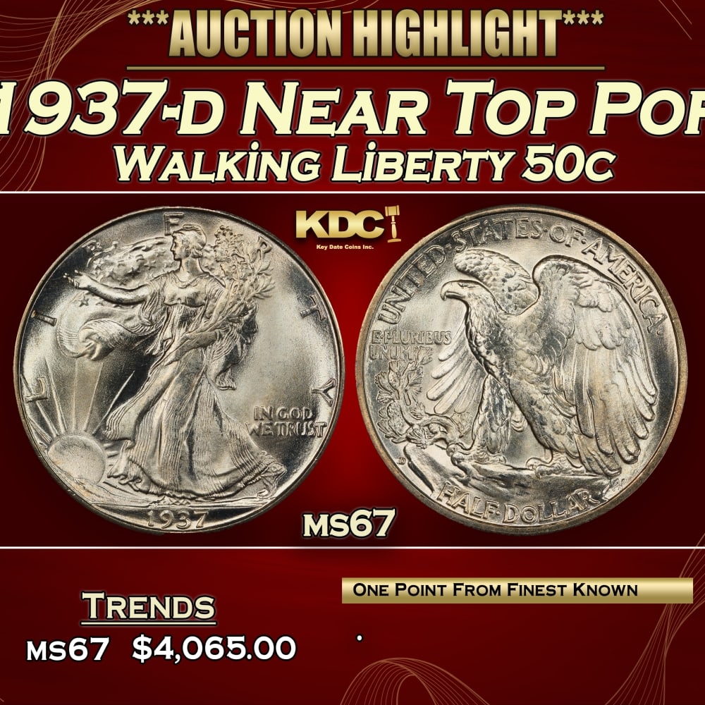 1937-d Walking Liberty Half Dollar Near Top Pop 50c ms67 SEGS: 1937-d Near Top Pop Walking Liberty Half Dollar 50c ms67 SEGS. 0