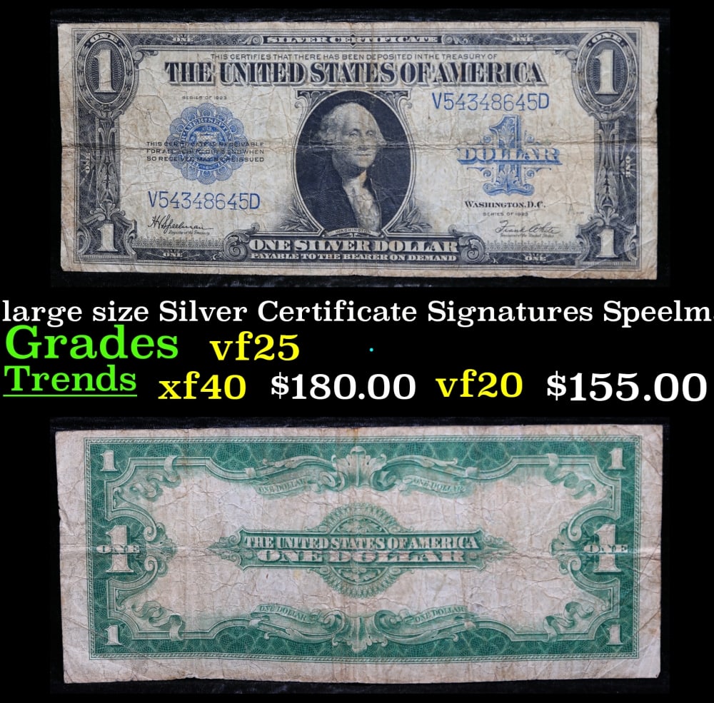 1923 $1 large size Silver Certificate Grades vf+ Signatures Speelman/White: 1923 $1 large size Silver Certificate Grades vf+ Signatures Speelman/White. Fr-237 The term “horse blanket” gets used a lot when talking about large size currency. It is most frequently used t