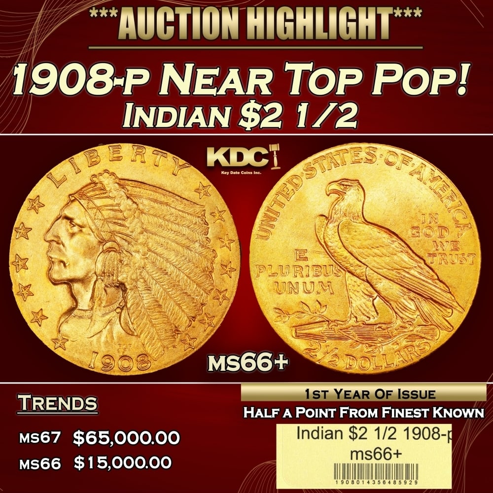 1908-p Gold Indian Quarter Eagle Near Top Pop! $2 1/2 ms66+ USCG (1 of 4)