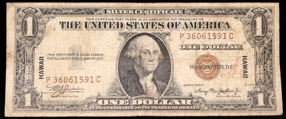 1935A $1 Silver Certificate Hawaii WWII Emergency Currency Rare PC Block Grades vf+: 1935A $1 Silver Certificate Hawaii WWII Emergency Currency Rare PC Block Grades vf+. FR-2300 The $1 Hawaii Note Came in 7 Blocks the SC Block Which is the most common, The LC, PC, CC, and YB Blocks ar