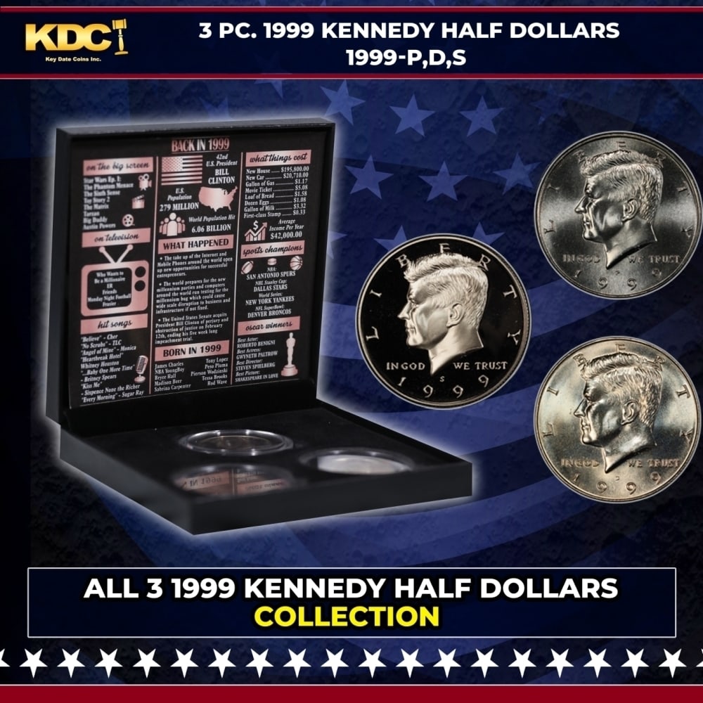 Complete 3 PC. 1999 Kennedy Half Dollar 50c set In Custom Box W/ Special Backer Card BU & Proof: Complete 3 PC. 1999 Kennedy Half Dollar 50c set In Custom Box W/ Special Backer Card BU & Proof COOL!. Please Note All Backer Cards may have slight differences but will be very similar if not identica