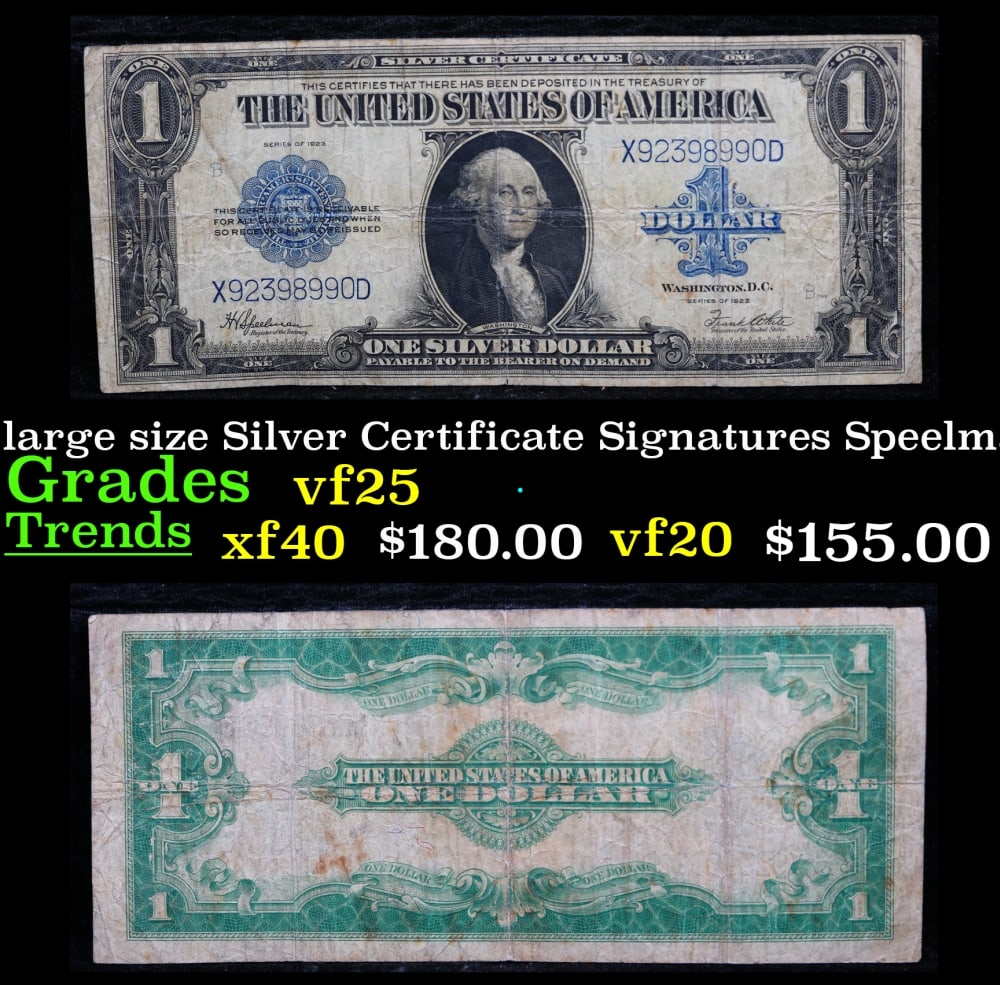 1923 $1 large size Silver Certificate Grades vf+ Signatures Speelman/White: 1923 $1 large size Silver Certificate Grades vf+ Signatures Speelman/White. Fr-237 The term “horse blanket” gets used a lot when talking about large size currency. It is most frequently used t