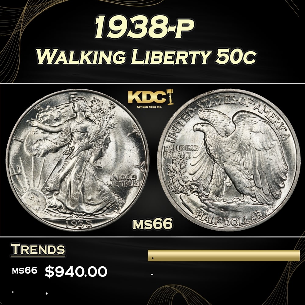 1938-p Walking Liberty Half Dollar 50c Grades ms66: 1938-p Walking Liberty Half Dollar 50c Grades ms66. 0