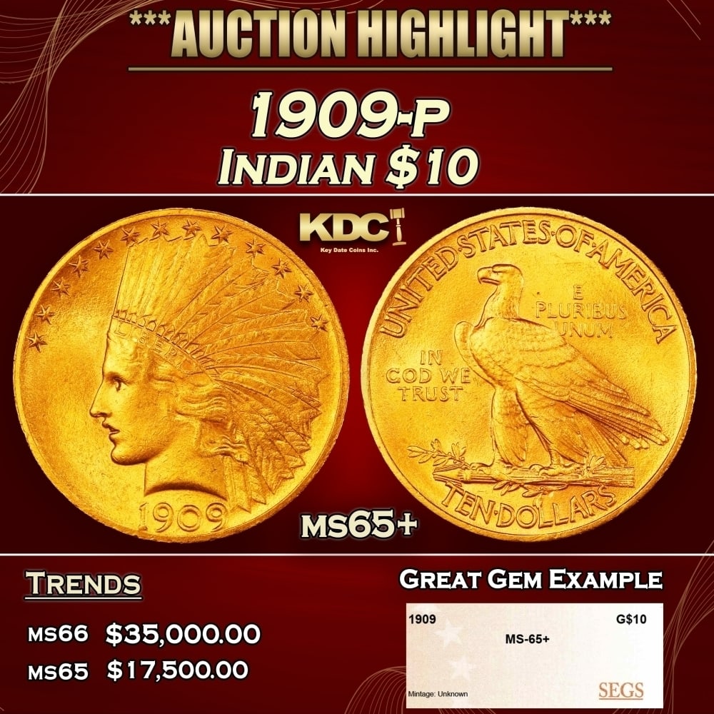 1909-p Gold Indian Eagle $10 ms65+ SEGS: 1909-p Gold Indian Eagle $10 ms65+ SEGS. 0