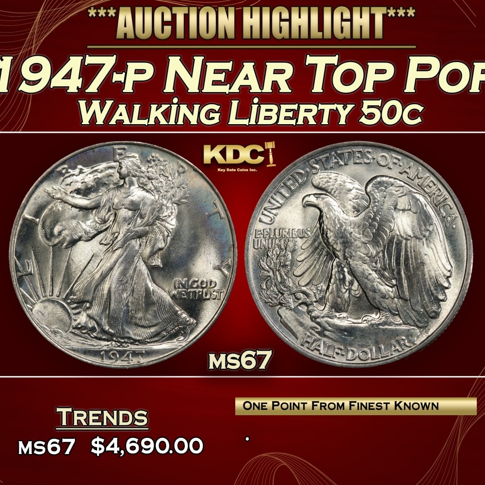 1947-p Walking Liberty Half Dollar Near Top Pop 50c ms67 SEGS: 1947-p Near Top Pop Walking Liberty Half Dollar 50c ms67 SEGS. 0