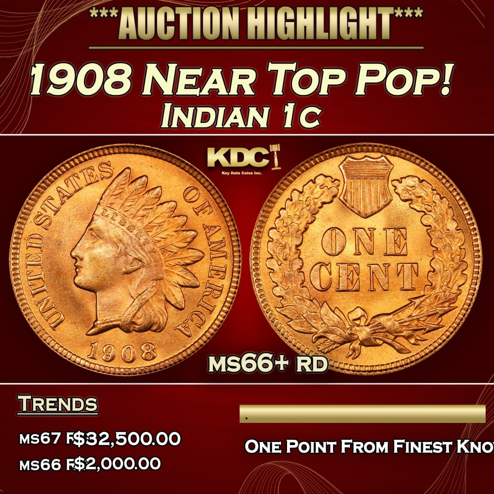 1908 Indian Cent Near Top Pop! 1c ms66+ rd SEGS (1 of 3)