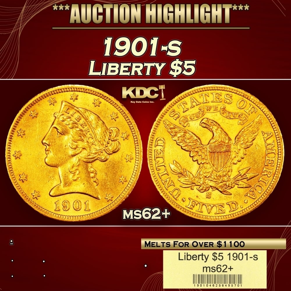 1901-s Gold Liberty Half Eagle $5 ms62+ USCG (1 of 4)