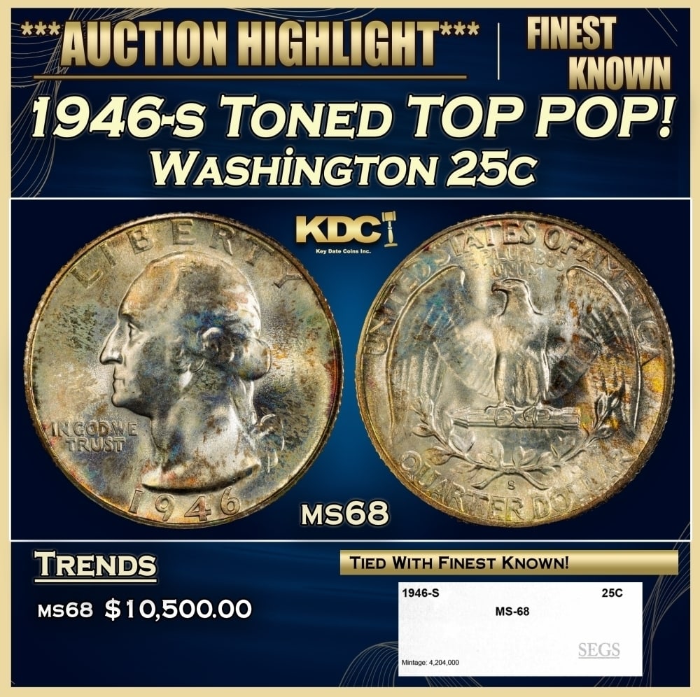 1946-s Washington Quarter Toned TOP POP! 25c ms68 SEGS (1 of 4)