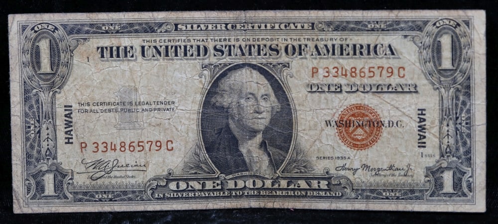 1935A $1 Silver Certificate Hawaii WWII Emergency Currency Rare PC Block Grades vf+: 1935A $1 Silver Certificate Hawaii WWII Emergency Currency Rare PC Block Grades vf+. FR-2300 The $1 Hawaii Note Came in 7 Blocks the SC Block Which is the most common, The LC, PC, CC, and YB Blocks ar