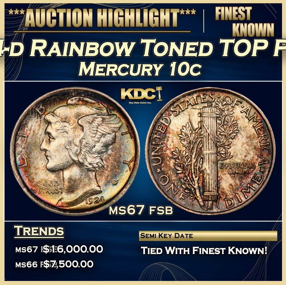 1924-d Mercury Dime Rainbow Toned TOP POP! 10c ms67 fsb SEGS: 1924-d Rainbow Toned TOP POP! Mercury Dime 10c ms67 fsb SEGS. 0