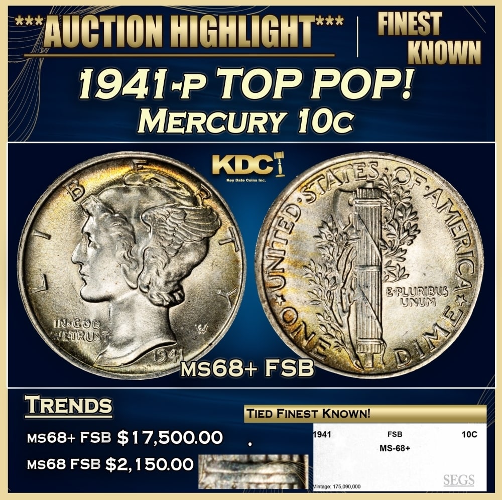 1941-p Mercury Dime TOP POP! 10c ms68+ FSB SEGS (1 of 4)