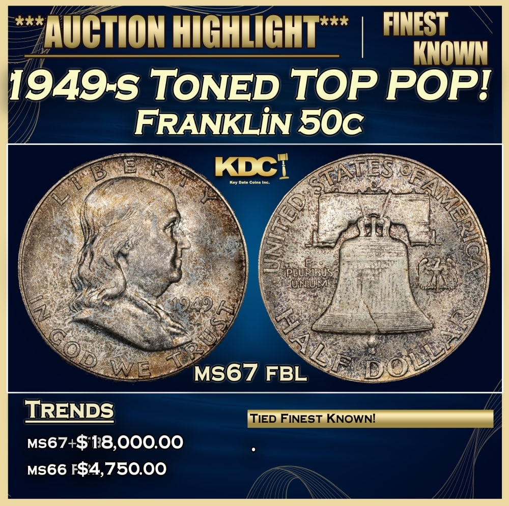 1949-s Franklin Half Dollar Toned TOP POP! 50c ms67 fbl SEGS: 1949-s Toned TOP POP! Franklin Half Dollar 50c ms67 fbl SEGS. 0