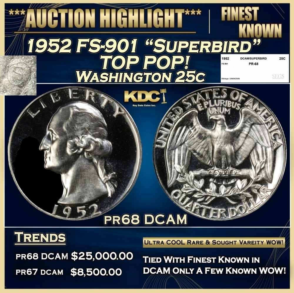 1952 FS-901 "Superbird" Proof Washington Quarter TOP POP! 25c pr68 DCAM SEGS (1 of 5)