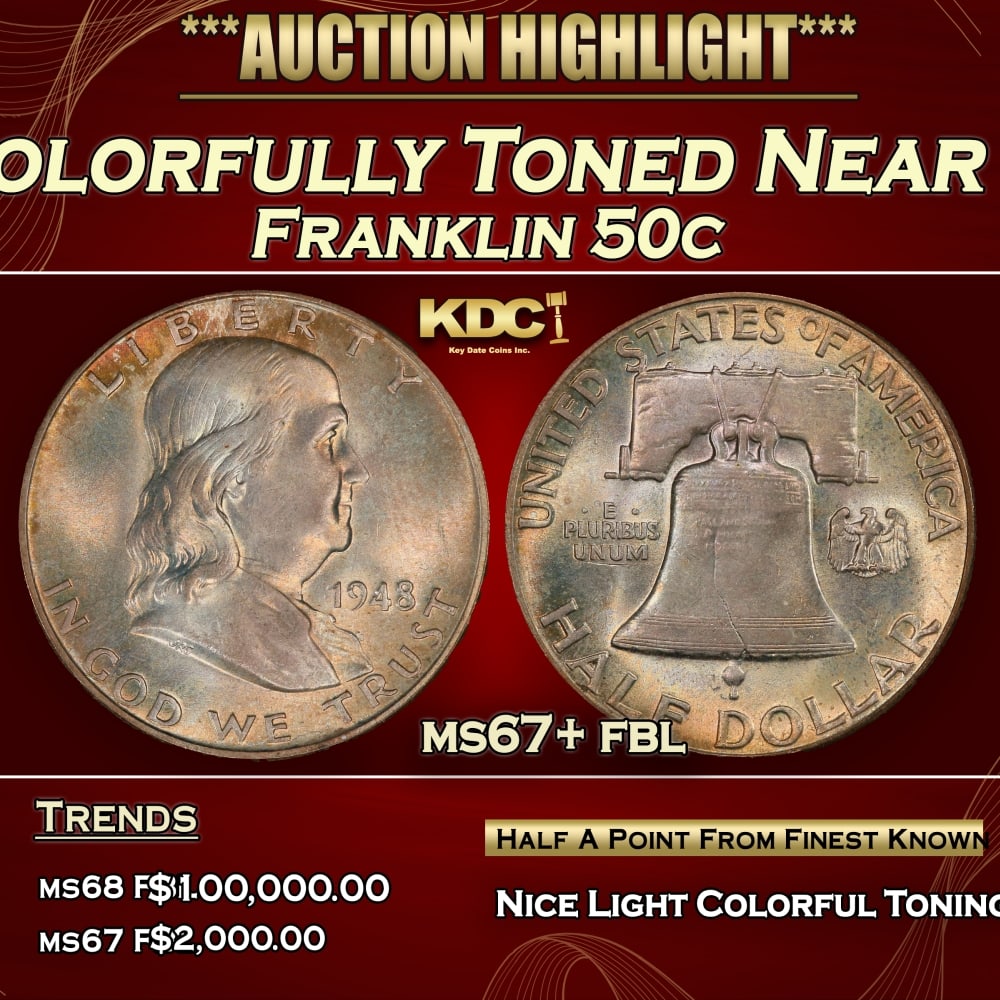 1948-p Franklin Half Dollar Colorfully Toned Near Top Pop 50c ms67+ fbl SEGS (1 of 3)