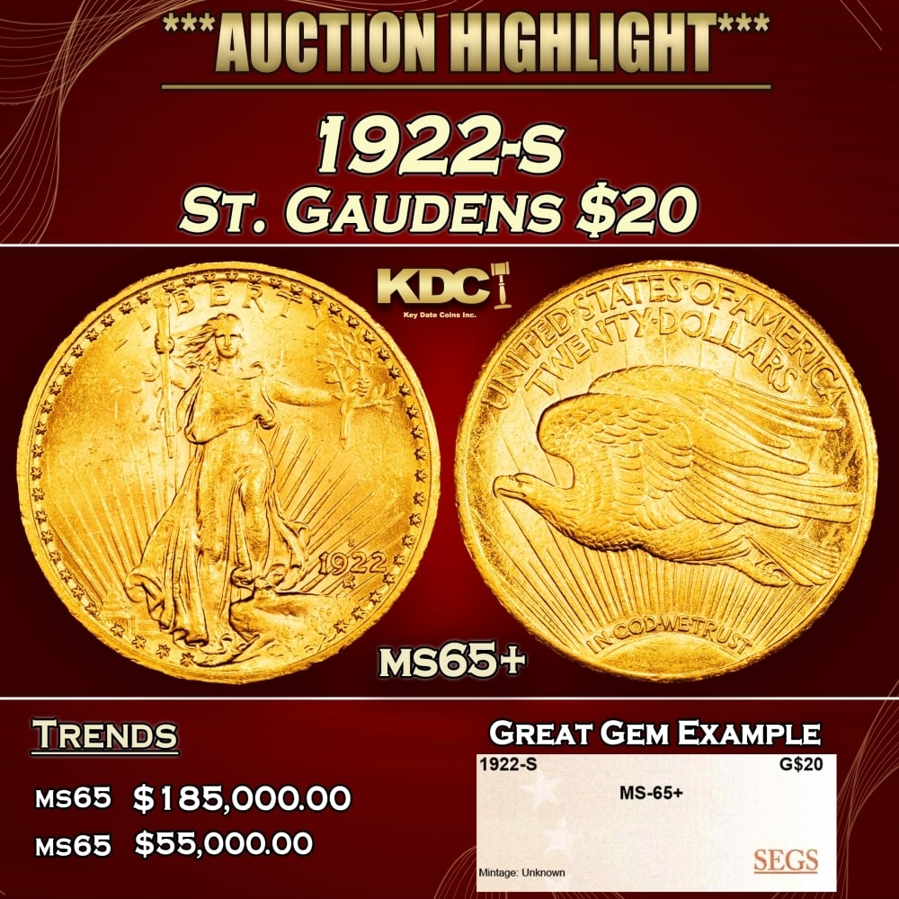 1922-s Gold St. Gaudens Double Eagle $20 ms65+ SEGS (1 of 4)