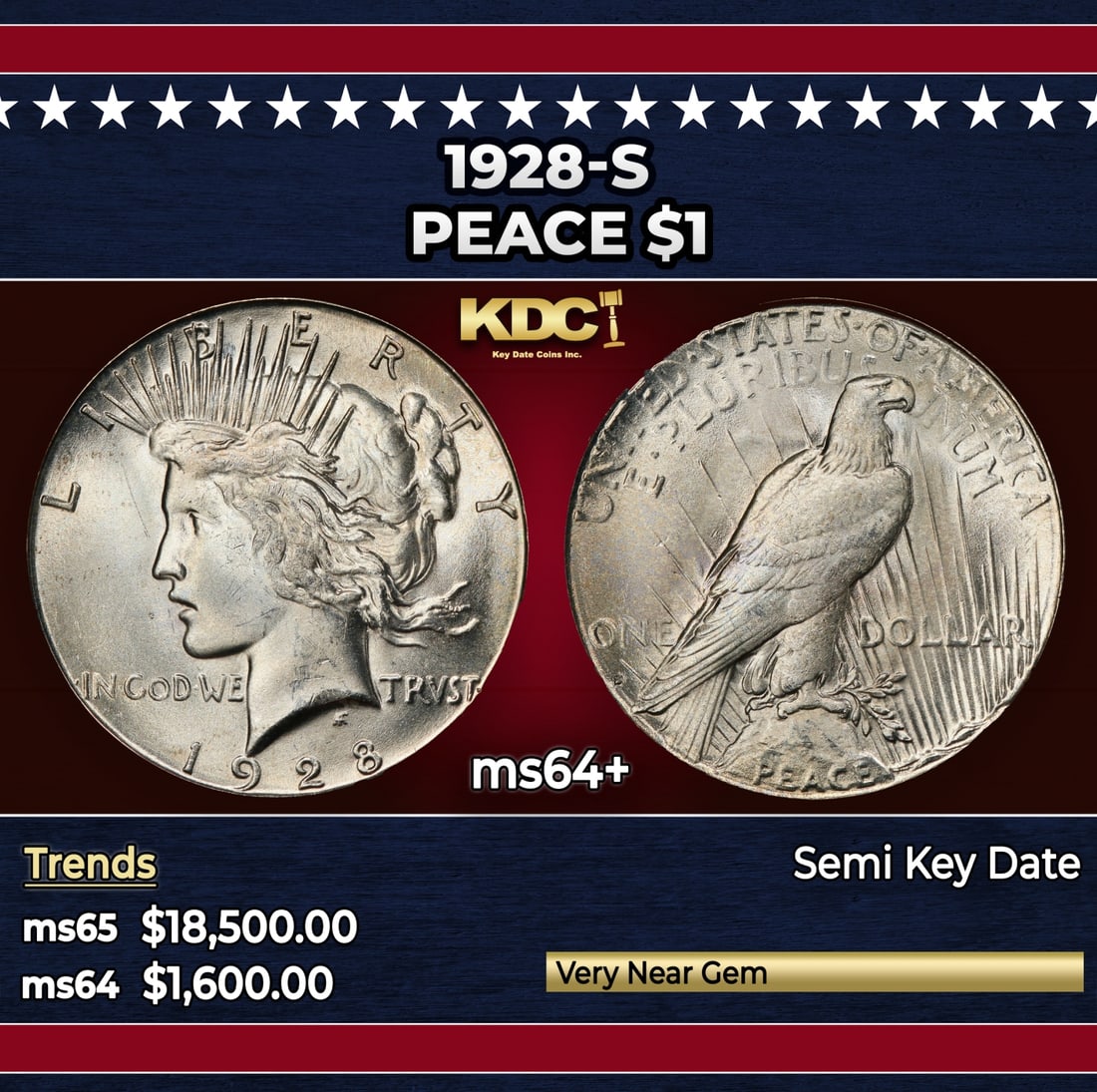1928-s Peace Dollar $1 ms64+ SEGS: 1928-s Peace Dollar $1 ms64+ SEGS. Historic precious metal trends is causing increased spot pricing by the day. On auctions with set openings, we are doing our best to have items priced at their marke