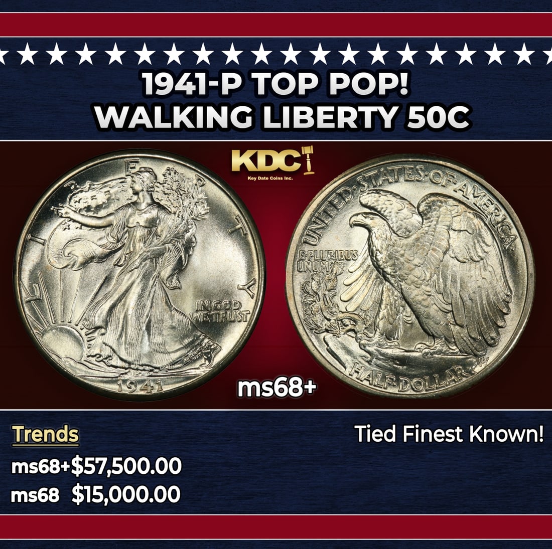 1941-p Walking Liberty Half Dollar TOP POP! 50c ms68+ SEGS: 1941-p TOP POP! Walking Liberty Half Dollar 50c ms68+ SEGS. Historic precious metal trends is causing increased spot pricing by the day. On auctions with set openings, we are doing our best to have it