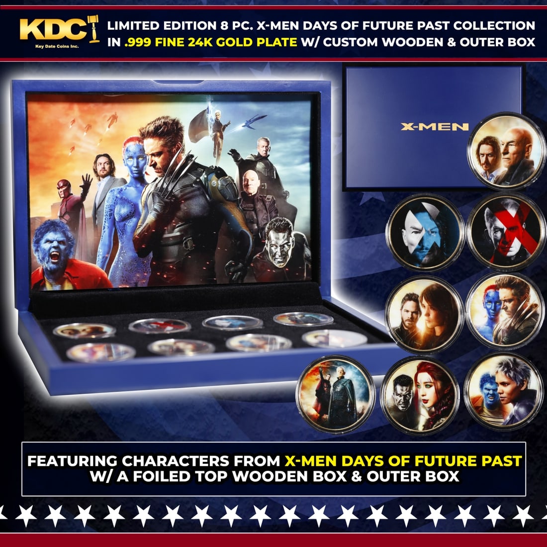 Limited Edition 8 X-Men Days of Future Past Gold Plated Collection In Custom WOODEN Box W/ Special: Limited Edition 8 X-Men Days of Future Past Gold Plated Collection In Custom WOODEN Box W/ Special Backer card. Please Note All Backer Cards may have slight differences but will be very similar if not