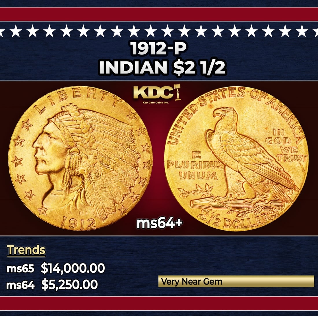 1912-p Gold Indian Quarter Eagle $2 1/2 ms64+ SEGS (1 of 3)