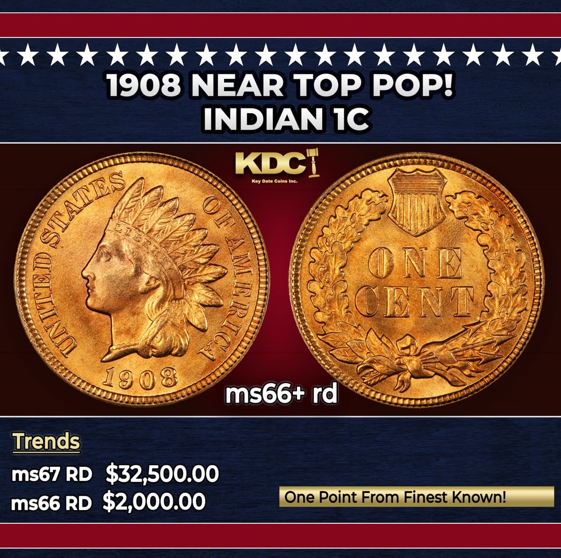 1908 Indian Cent Near Top Pop! 1c ms66+ rd SEGS: 1908 Near Top Pop! Indian Cent 1c ms66+ rd SEGS. Historic precious metal trends is causing increased spot pricing by the day. On auctions with set openings, we are doing our best to have items priced