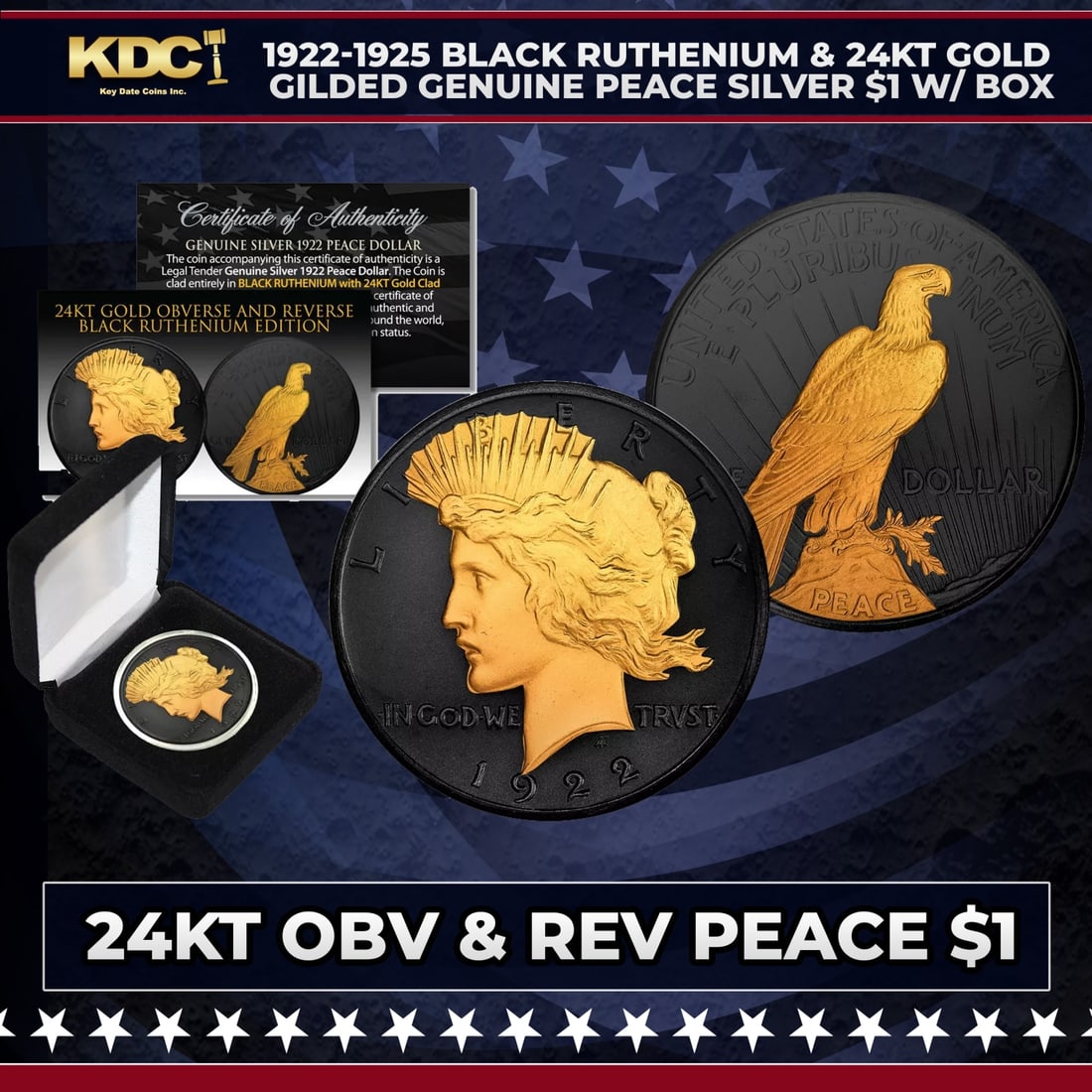 1922-1925 Black Ruthenium & 24KT Gold Gilded Genuine AU Peace Silver $1 w/ Box Other Toy (1 of 2)