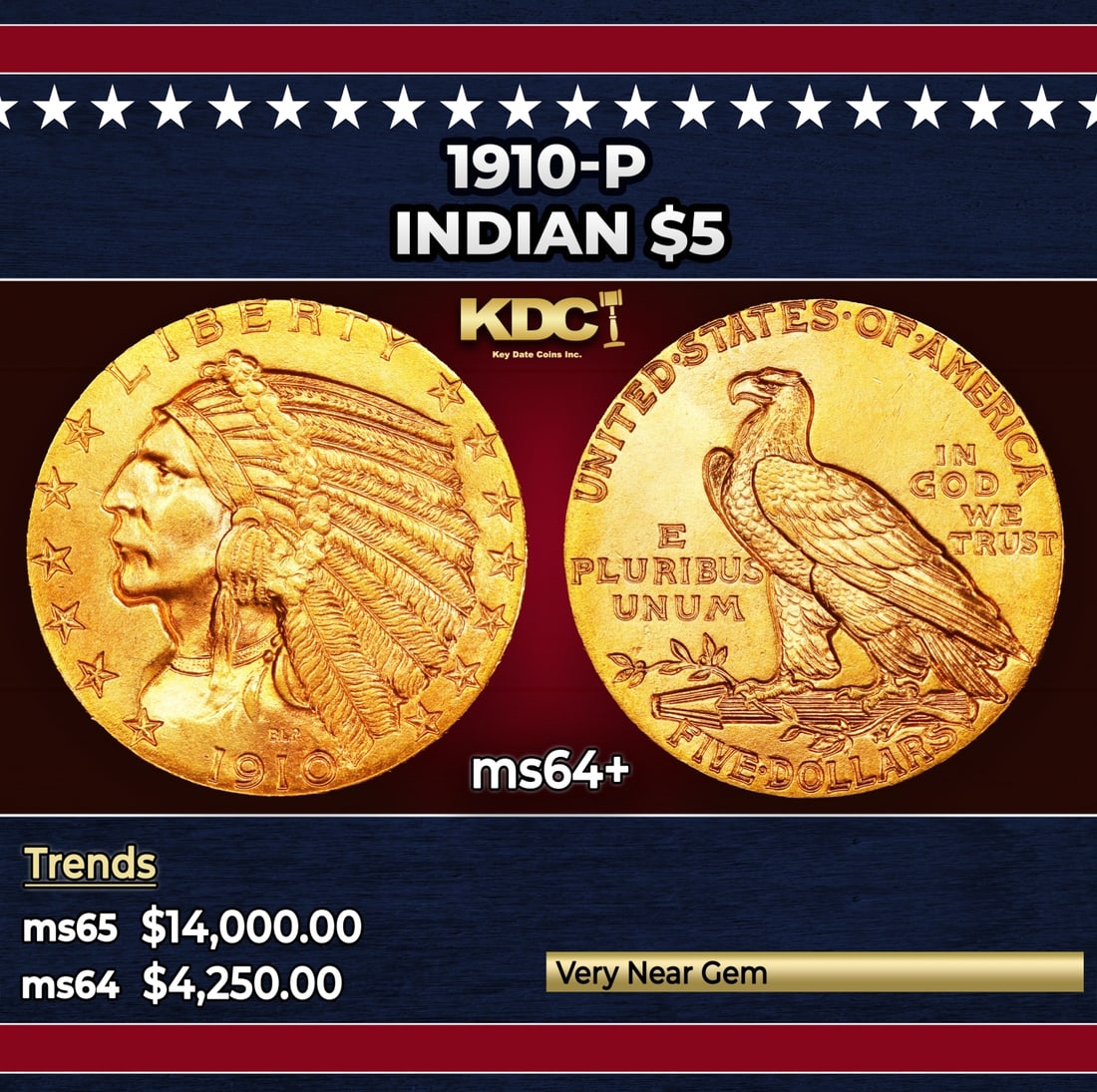 1910-p Gold Indian Half Eagle $5 ms64+ USCG (1 of 3)