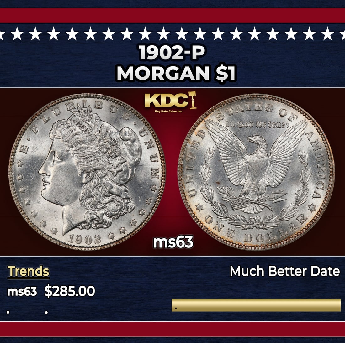 1902-p Morgan Dollar $1 Grades ms63: 1902-p Morgan Dollar $1 Grades ms63. Historic precious metal trends is causing increased spot pricing by the day. On auctions with set openings, we are doing our best to have items priced at their mar