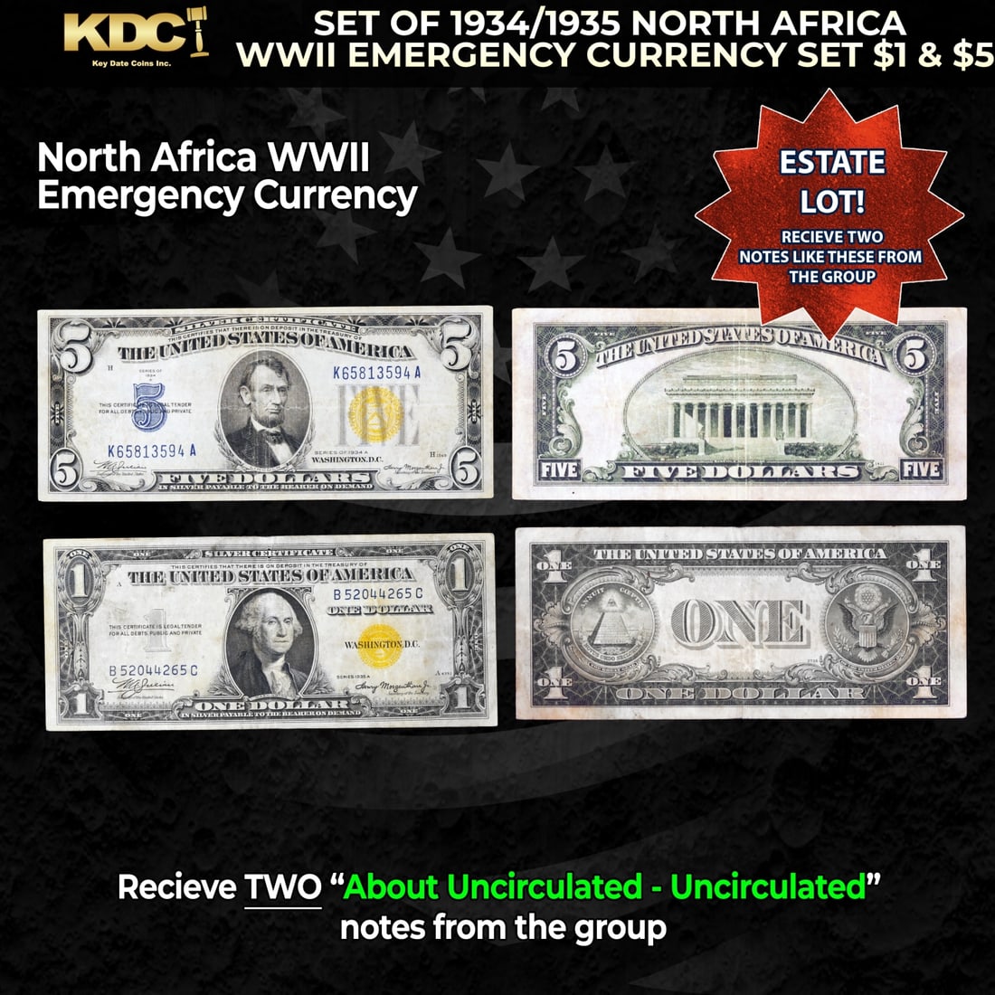 Set of 1934/1935 North Africa WWII Emergency Currency Set $1 & $5 Grades AU/CU (1 of 1)