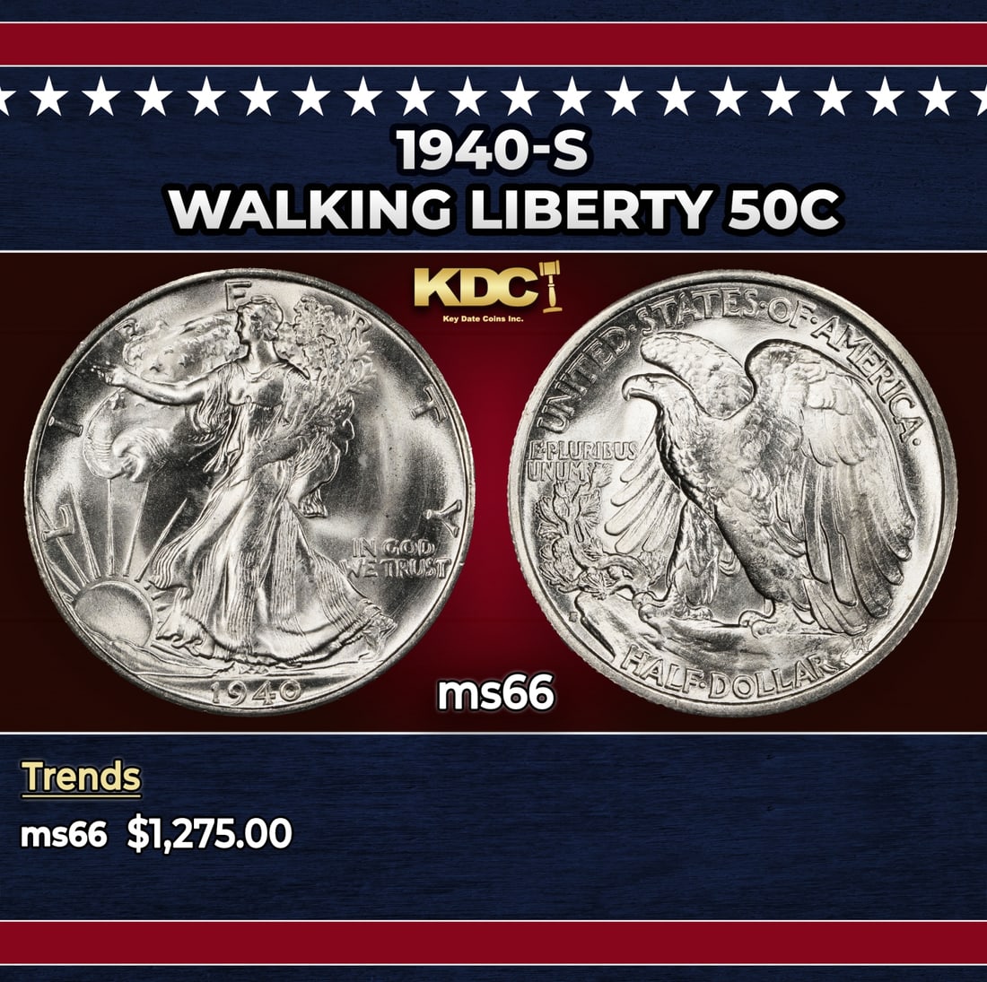 1940-s Walking Liberty Half Dollar 50c ms66 SEGS: 1940-s Walking Liberty Half Dollar 50c ms66 SEGS. Historic precious metal trends is causing increased spot pricing by the day. On auctions with set openings, we are doing our best to have items priced