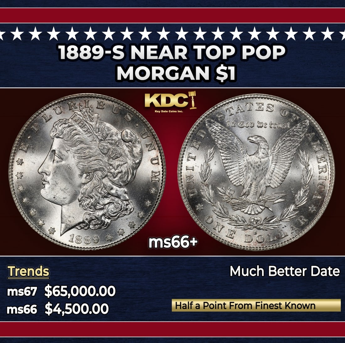 1889-s Morgan Dollar Near Top Pop $1 ms66+ SEGS: 1889-s Near Top Pop Morgan Dollar $1 ms66+ SEGS. Historic precious metal trends is causing increased spot pricing by the day. On auctions with set openings, we are doing our best to have items priced