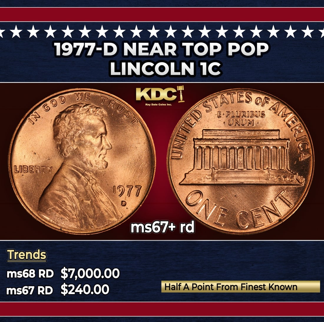 1977-d Lincoln Cent Near Top Pop 1c ms67+ rd SEGS: 1977-d Near Top Pop Lincoln Cent 1c ms67+ rd SEGS. Historic precious metal trends is causing increased spot pricing by the day. On auctions with set openings, we are doing our best to have items price