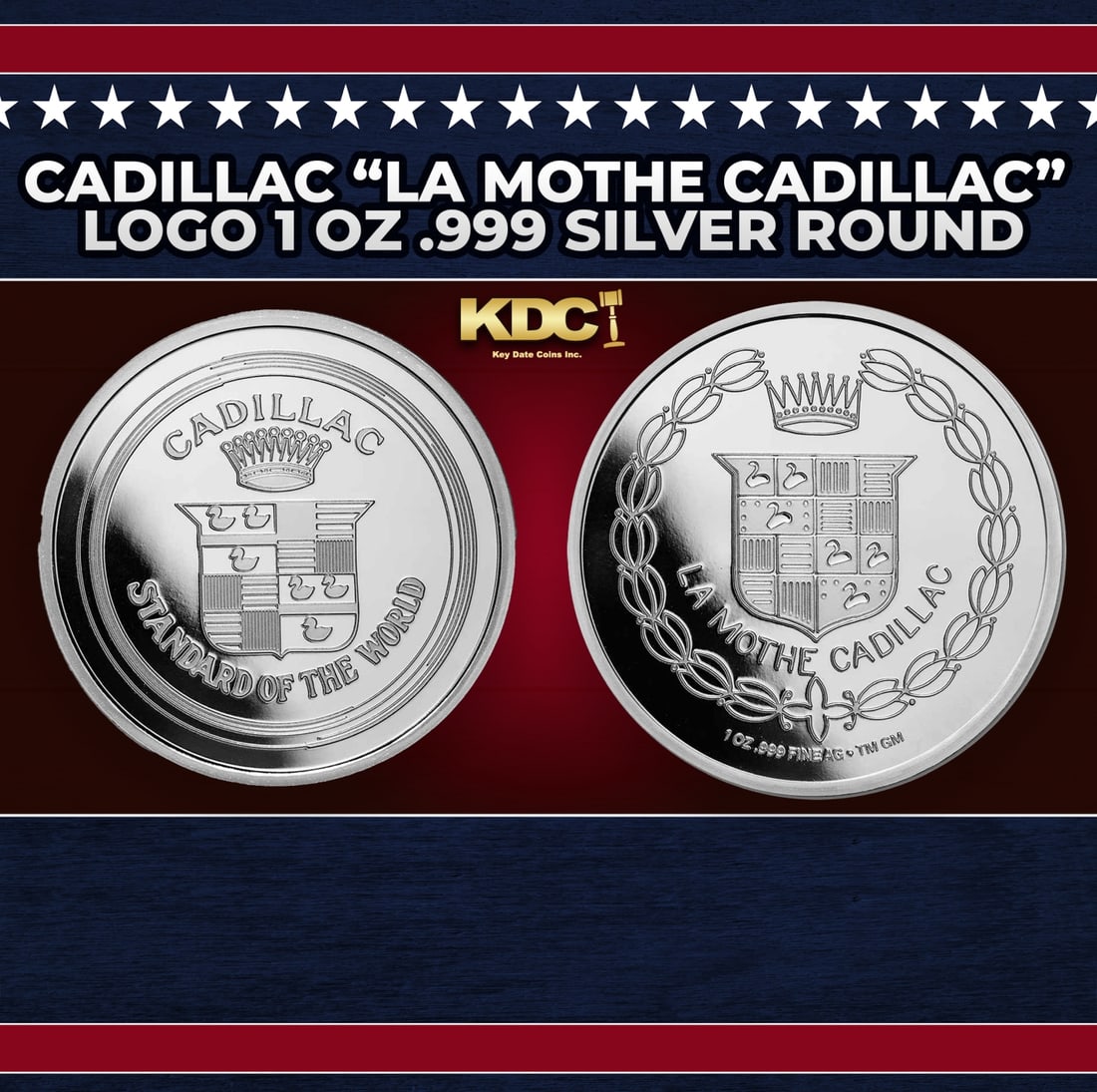 Cadillac "La Mothe Cadillac" Logo 1 oz .999 Silver Round Round: Cadillac "La Mothe Cadillac" Logo 1 oz .999 Silver Round. Cadillac's world-renowned high standards are now memorialized in beautiful Silver. Obverse: Cadillac's 1925 crest emblem logo is shown. Revers