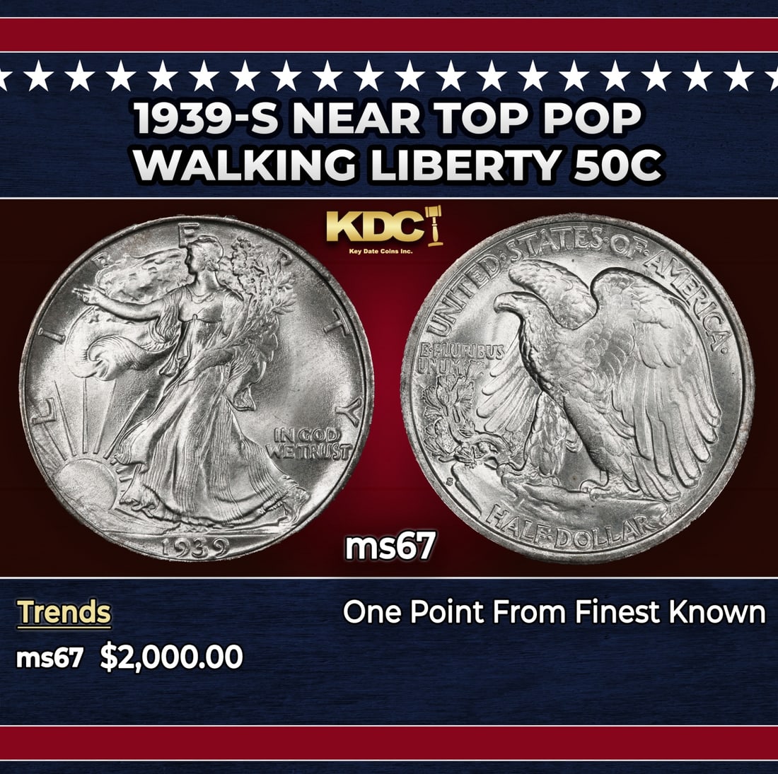 1939-s Walking Liberty Half Dollar Near Top Pop 50c ms67 SEGS: 1939-s Near Top Pop Walking Liberty Half Dollar 50c ms67 SEGS. Historic precious metal trends is causing increased spot pricing by the day. On auctions with set openings, we are doing our best to have