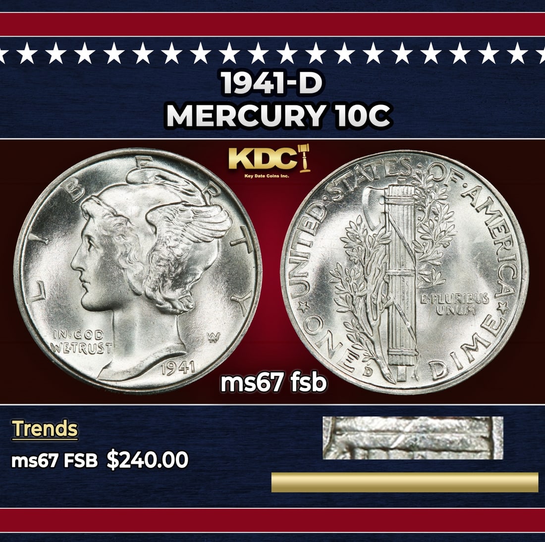 1941-d Mercury Dime 10c ms67 fsb SEGS: 1941-d Mercury Dime 10c ms67 fsb SEGS. Historic precious metal trends is causing increased spot pricing by the day. On auctions with set openings, we are doing our best to have items priced at their m