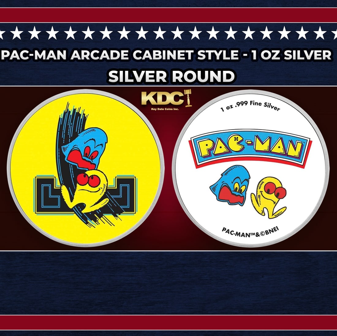 PAC-MAN Arcade Cabinet style - 1 oz Silver Round Round: PAC-MAN Arcade Cabinet style - 1 oz Silver Round. PAC-MAN Fever swept the world in the early 80s, and this unique colorized silver round showcases two iconic designs from the original arcade cabinet a