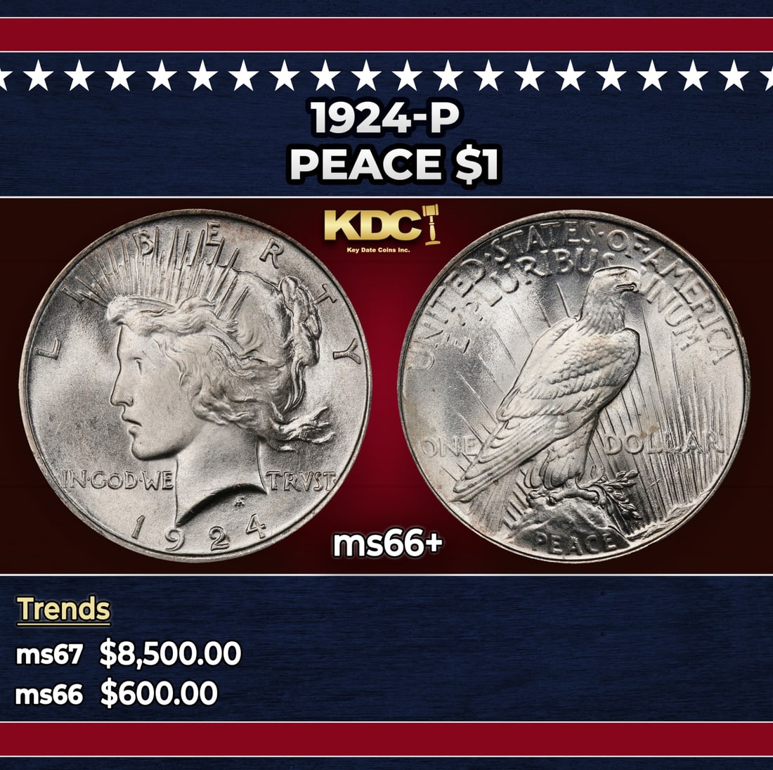 1924-p Peace Dollar $1 ms66+ SEGS: 1924-p Peace Dollar $1 ms66+ SEGS. Historic precious metal trends is causing increased spot pricing by the day. On auctions with set openings, we are doing our best to have items priced at their marke