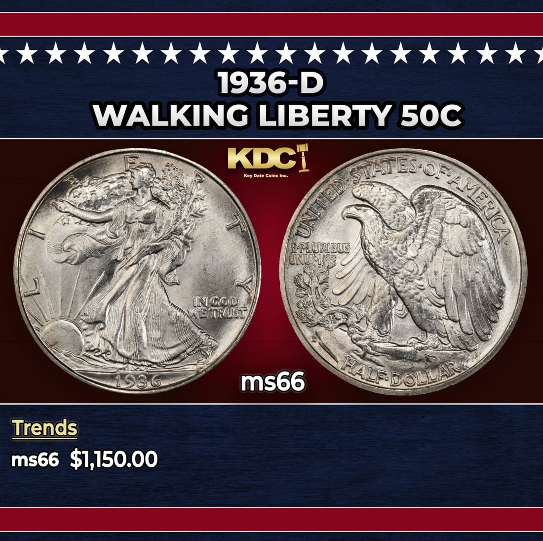 1936-d Walking Liberty Half Dollar 50c ms66 SEGS: 1936-d Walking Liberty Half Dollar 50c ms66 SEGS. Historic precious metal trends is causing increased spot pricing by the day. On auctions with set openings, we are doing our best to have items priced