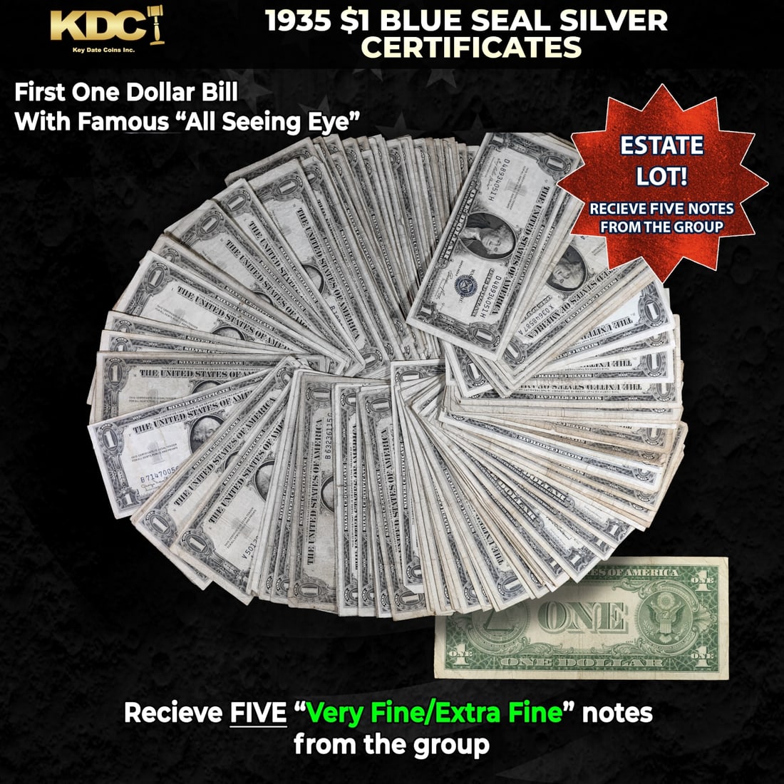 5x 1935 $1 Blue Seal Silver Certificates Grades VF/XF: 5x 1935 $1 Blue Seal Silver Certificates Grades VF/XF. Silver Certificates were redeemable in Silver. One of their most distinctive qualities is the blue Treasury seal and serial numbers. These notes